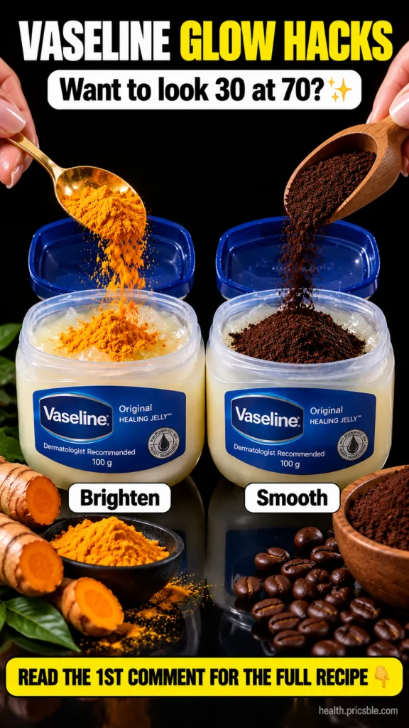 Two open jars of Vaseline Healing Jelly one with turmeric powder being added surrounded by fresh turmeric roots and gree