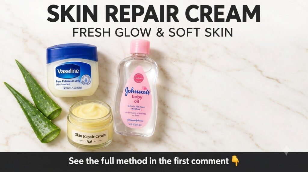 A clean bright flat lay composition on a white marble surface Key subjects include a jar of Vaseline Pure Petroleum Jell