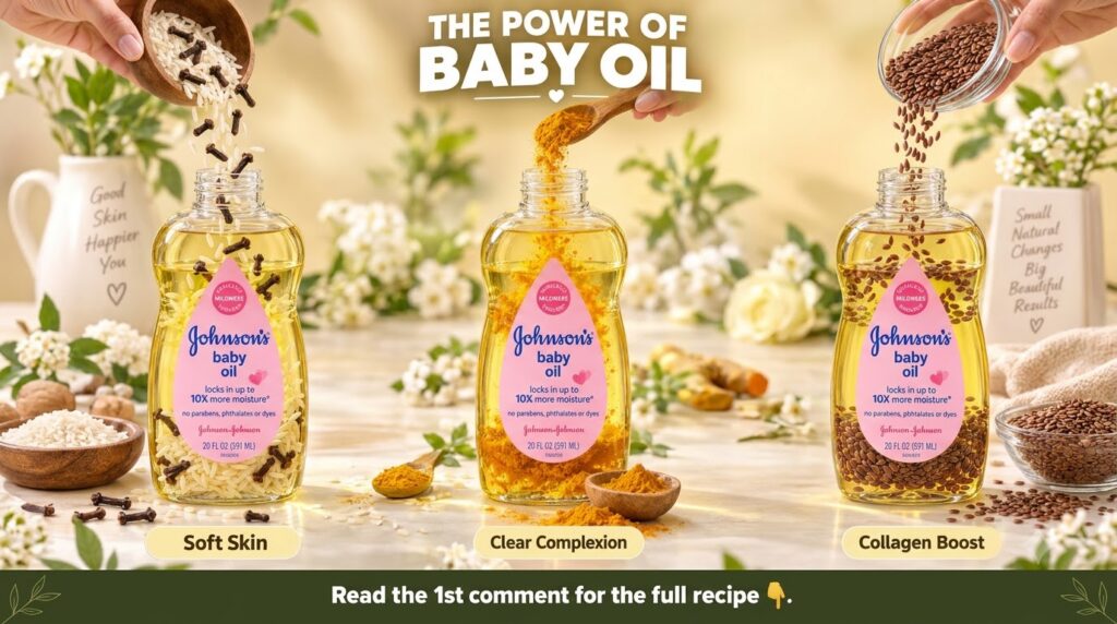 Three bottles of Johnson s baby oil are shown Hands pour rice and cloves into one turmeric into another and flax seeds i