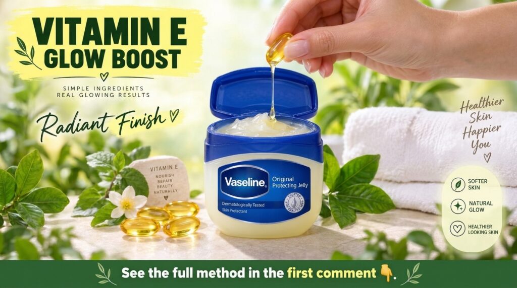 A hand squeezing a golden Vitamin E capsule allowing its oil to drip into a jar of petroleum jelly The scene includes ad
