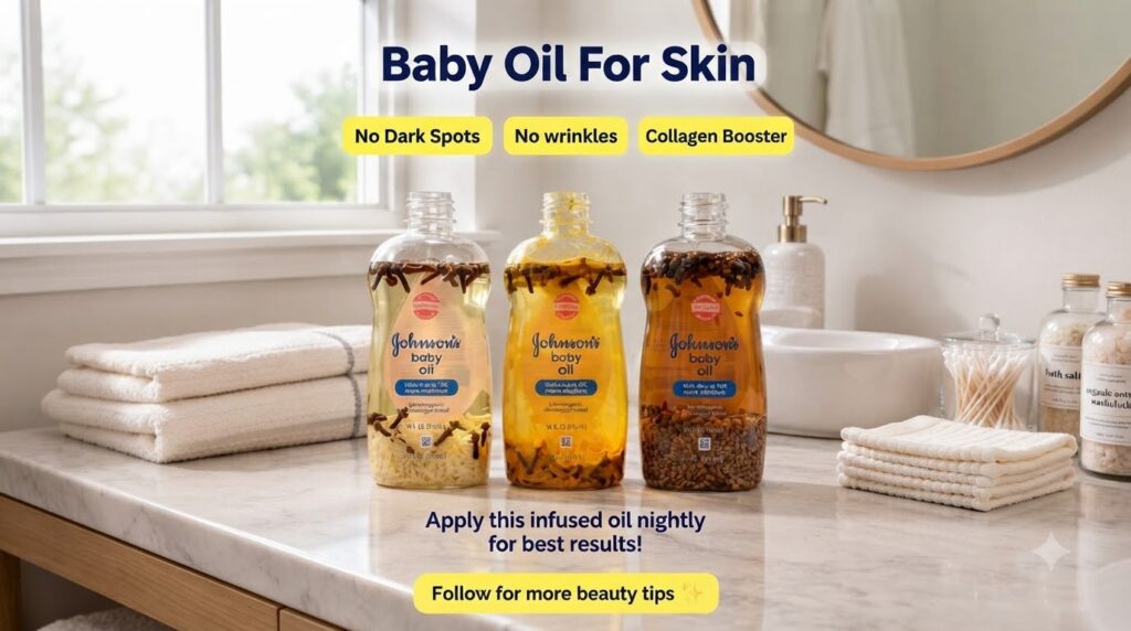 Three clear bottles of infused baby oil with rice and cloves orange peels and cloves and fenugreek seeds on a white marb