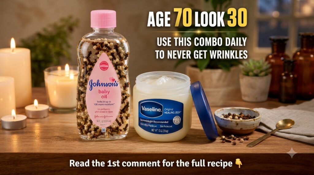 A bottle of Johnson s baby oil infused with cloves and peppercorns next to an open jar of Vaseline Original Healing Jell