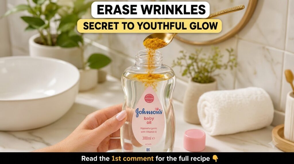 A hand holding a bottle of Johnson s baby oil into which a golden spoon is pouring a yellow powdery substance