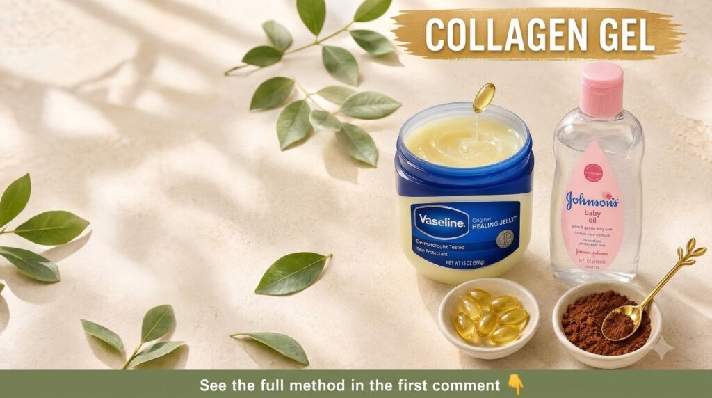 Ingredients for DIY collagen gel including Vaseline baby oil collagen capsules and a brown powder with a collagen capsul