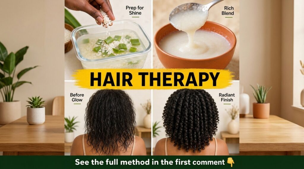 A 2x2 grid image showing the hair therapy process The top-left panel features rice and aloe vera being prepped in water 