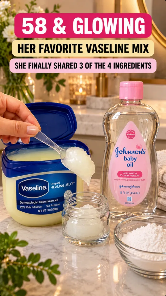 A hand is scooping Vaseline Healing Jelly from its tub into a smaller glass jar alongside Johnson s baby oil and a bowl 
