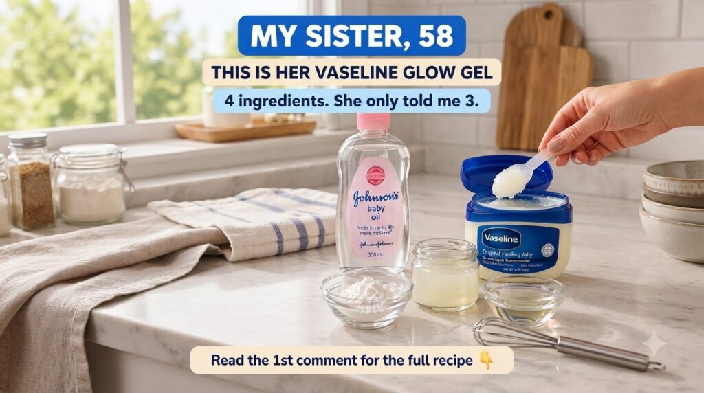 Various ingredients and products for a DIY glow gel are neatly arranged on a bright kitchen counter These include a bott