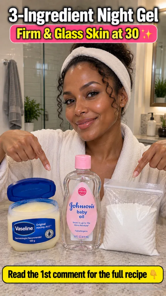 A smiling woman in a white bathrobe and headband pointing to three skincare items on a bathroom counter a jar of Vaselin