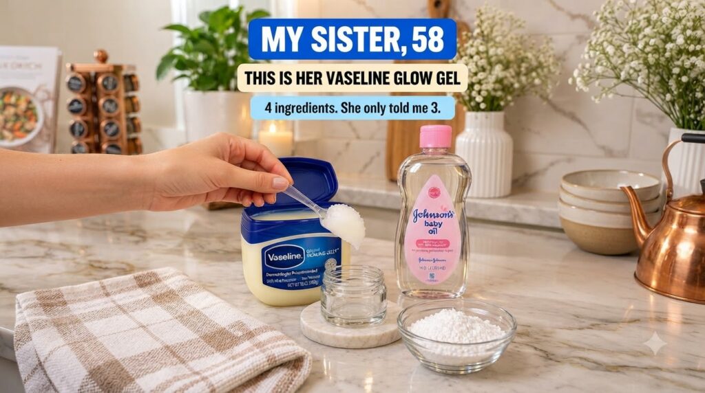 Close-up of ingredients for a DIY beauty recipe a hand scooping Vaseline Healing Jelly from a large tub a bottle of John