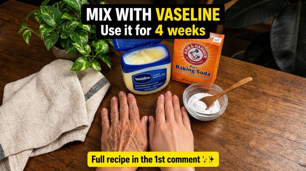 A side-by-side comparison of two hands one appearing older with wrinkles and the other smoother and younger on a wooden 