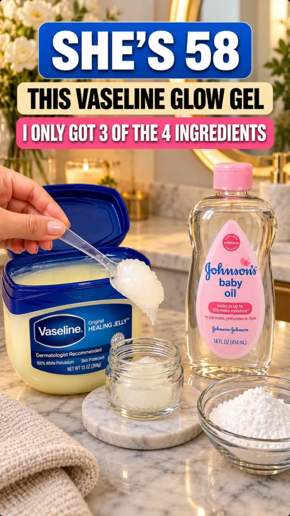 A hand scooping clear petroleum jelly from a large container into a small glass jar with a bottle of baby oil and a bowl