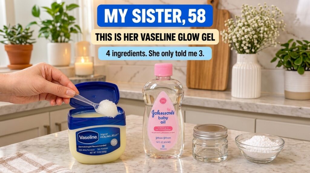 A close-up tabletop composition showcasing ingredients for a DIY beauty recipe A hand holds a spoonful of Vaseline Heali
