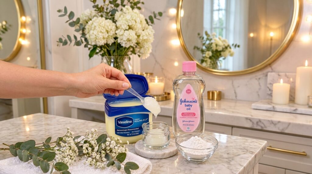 A hand scooping Vaseline jelly into a small jar with Johnson s Baby Oil and a bowl of white powder visible on a bright s