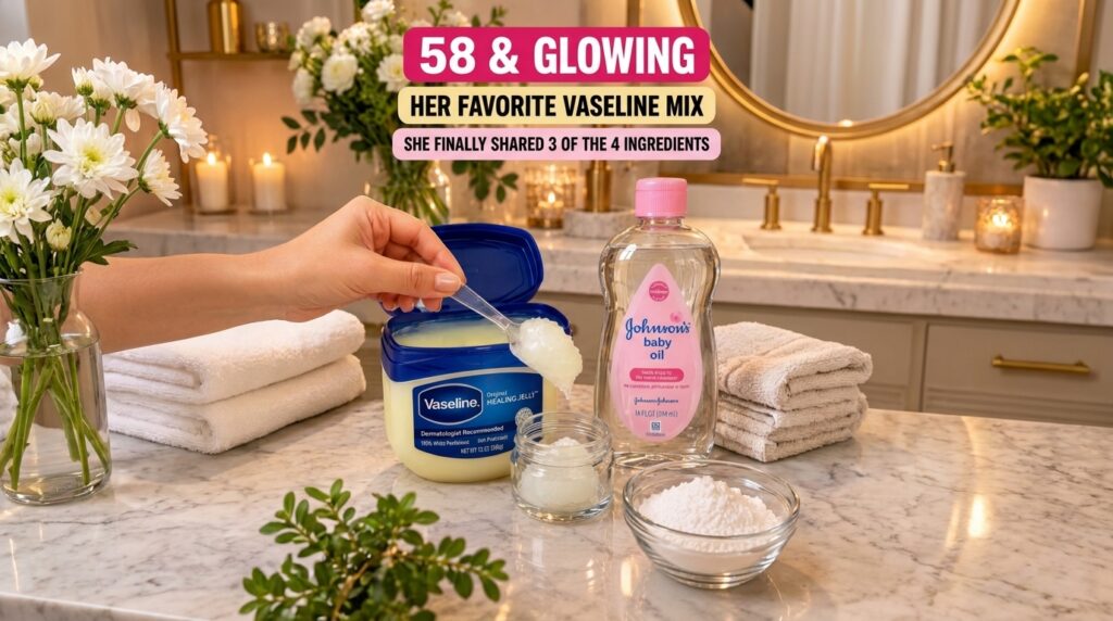 A hand scooping Vaseline Healing Jelly from a large tub alongside a bottle of Johnson s Baby Oil a small jar of mixed Va