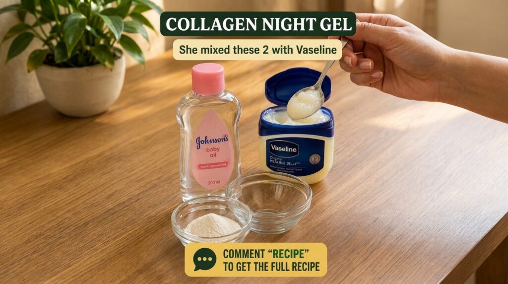 Overhead shot of DIY collagen night gel ingredients a bottle of Johnson s baby oil a jar of Vaseline with a spoon and tw