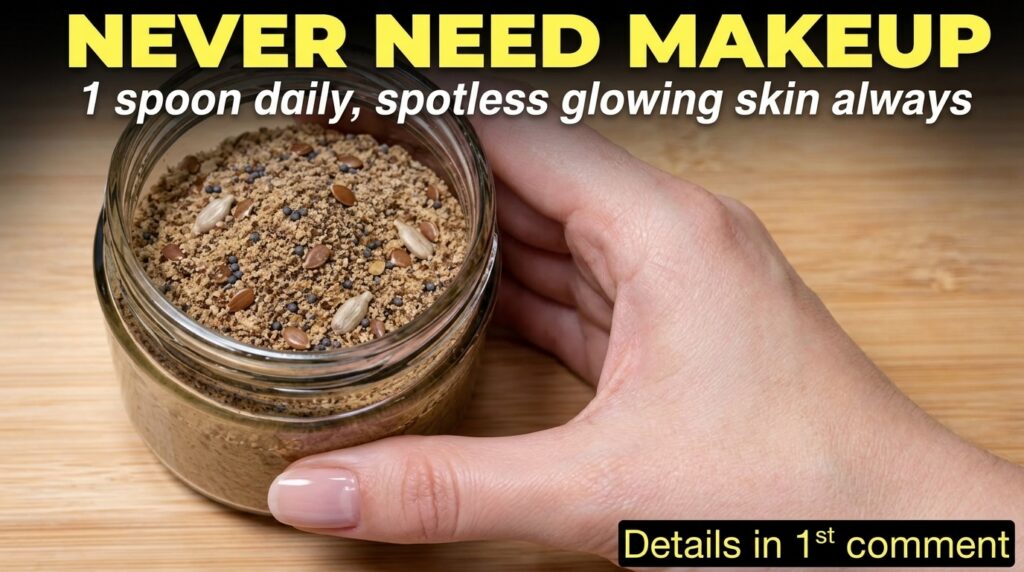 A glass jar filled with a coarse ground seed mixture topped with whole flaxseeds sunflower seeds and poppy seeds A hand 