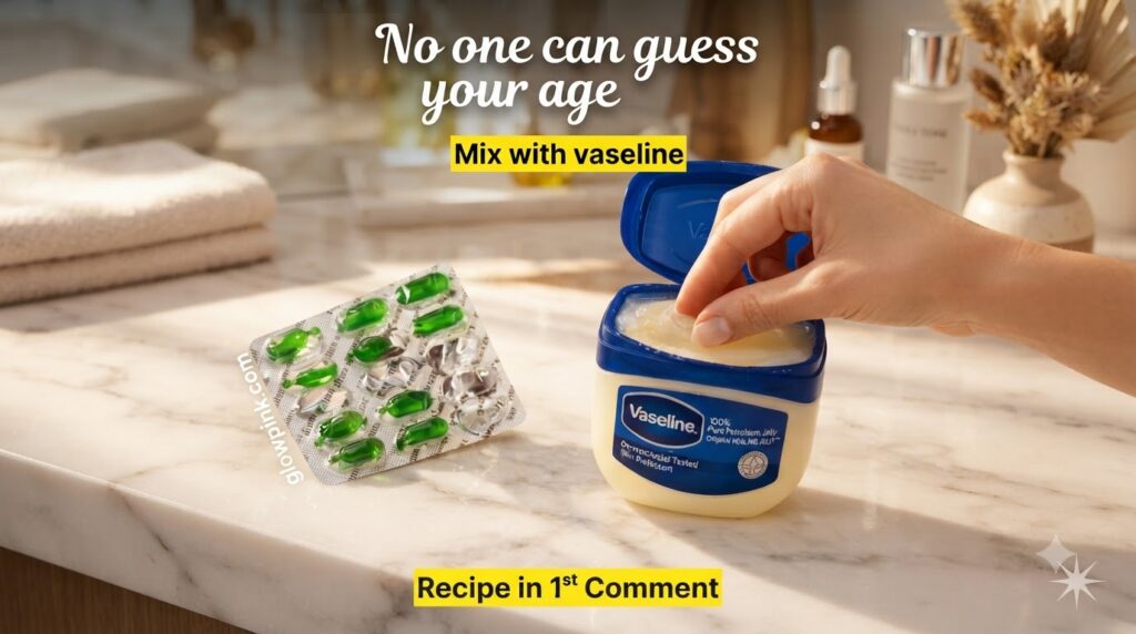 A hand dipping into a jar of Vaseline with a blister pack of green vitamin E capsules nearby on a warm-toned countertop