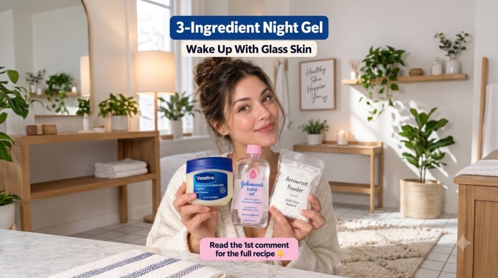 A smiling woman holding three skincare products Vaseline Johnson s baby oil and arrowroot powder in a warm indoor settin