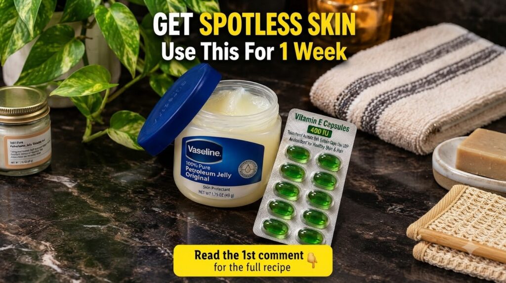 An open jar of Vaseline 100 Pure Petroleum Jelly Original and a blister pack of Vitamin E Capsules 400 IU on a dark marb
