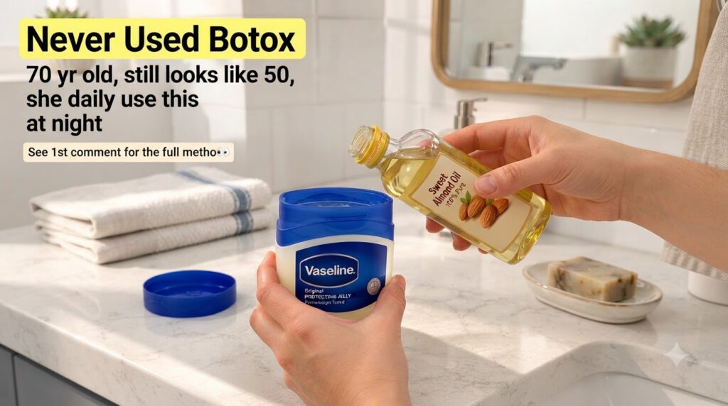 Hands mixing Vaseline and sweet almond oil in a small container in a clean bathroom setting