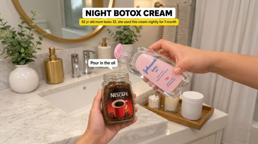 A person s hands holding a jar of instant coffee and pouring Johnson s baby oil into it on a bathroom counter The image 