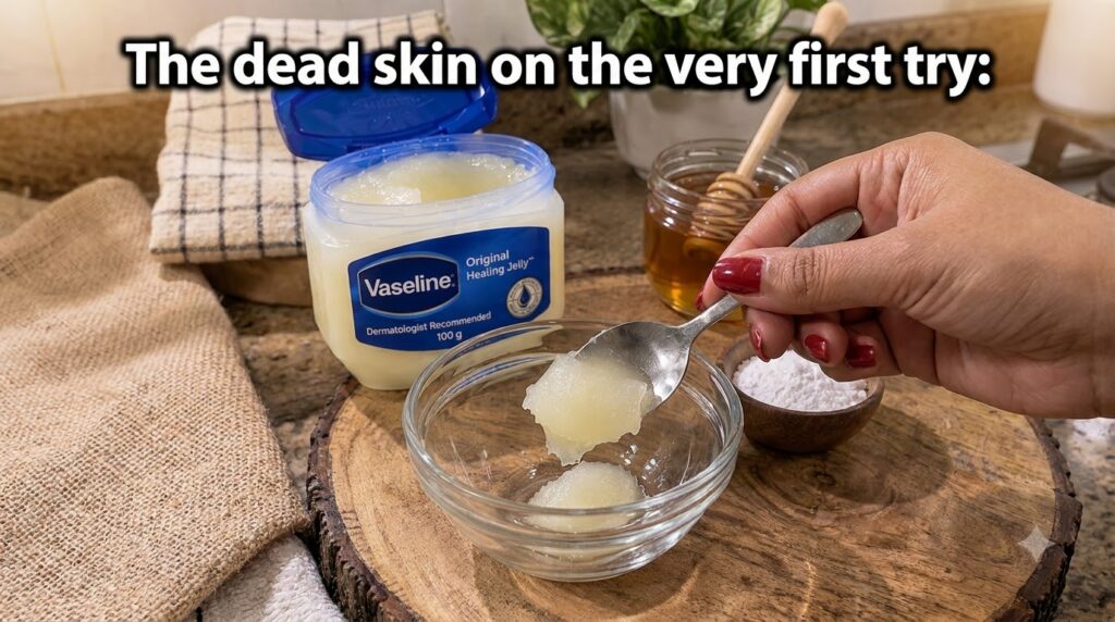 A hand scooping Vaseline jelly from a jar into a small glass bowl with a spoon A large open container of Vaseline sits p