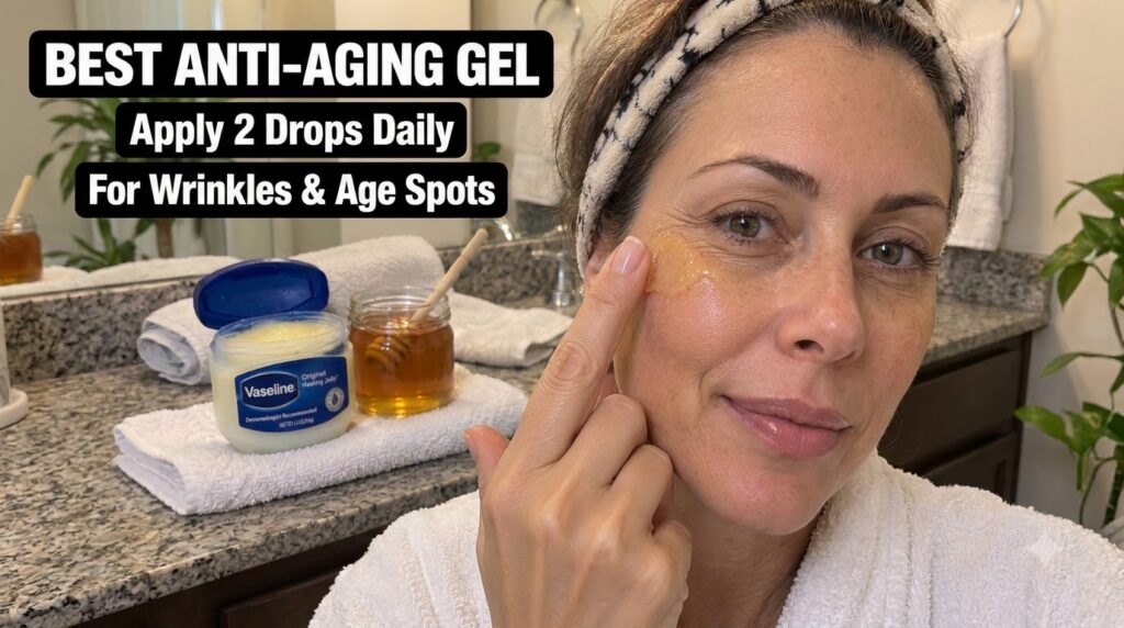 A woman gently applying a translucent gel-like anti-aging treatment to her skin near her eye and temple with jars of hon