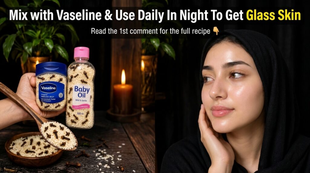 A split image showing DIY ingredients Vaseline Baby Oil rice cloves on one side and a woman with glowing glass skin on t