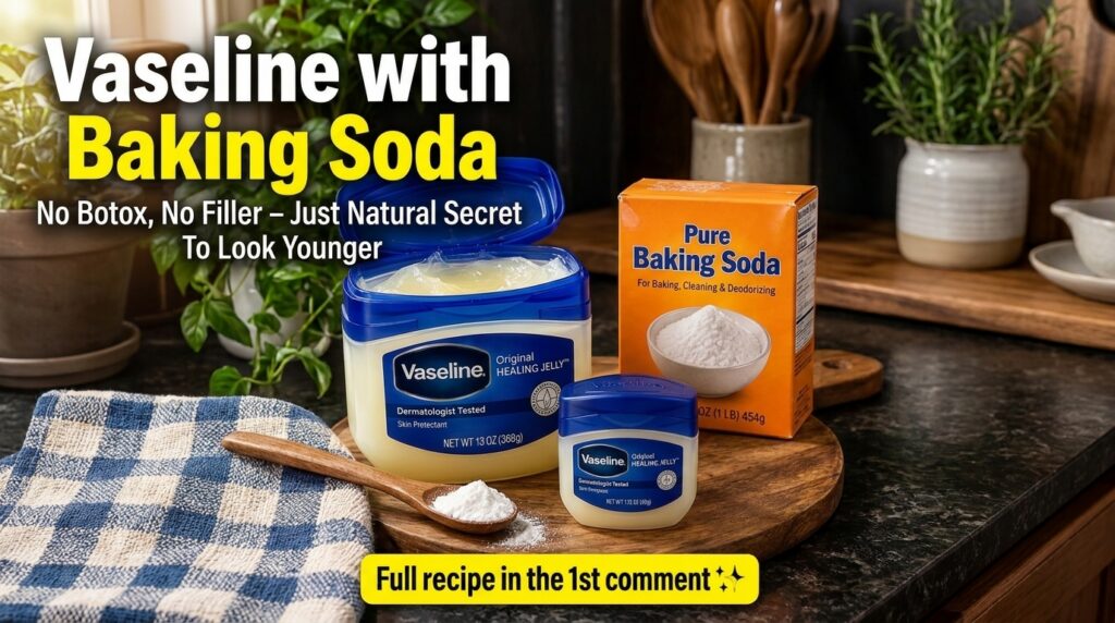 An open large jar of Vaseline Original Healing Jelly alongside a smaller closed jar a box of Pure Baking Soda and a wood