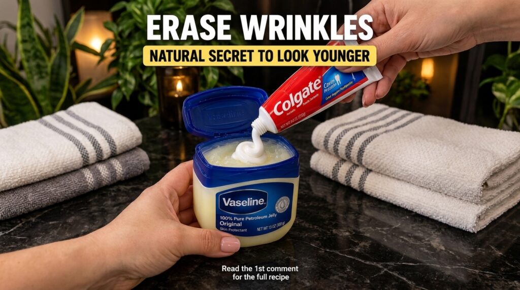 A hand holding an open tub of Vaseline Petroleum Jelly with another hand squeezing Colgate toothpaste directly into it T
