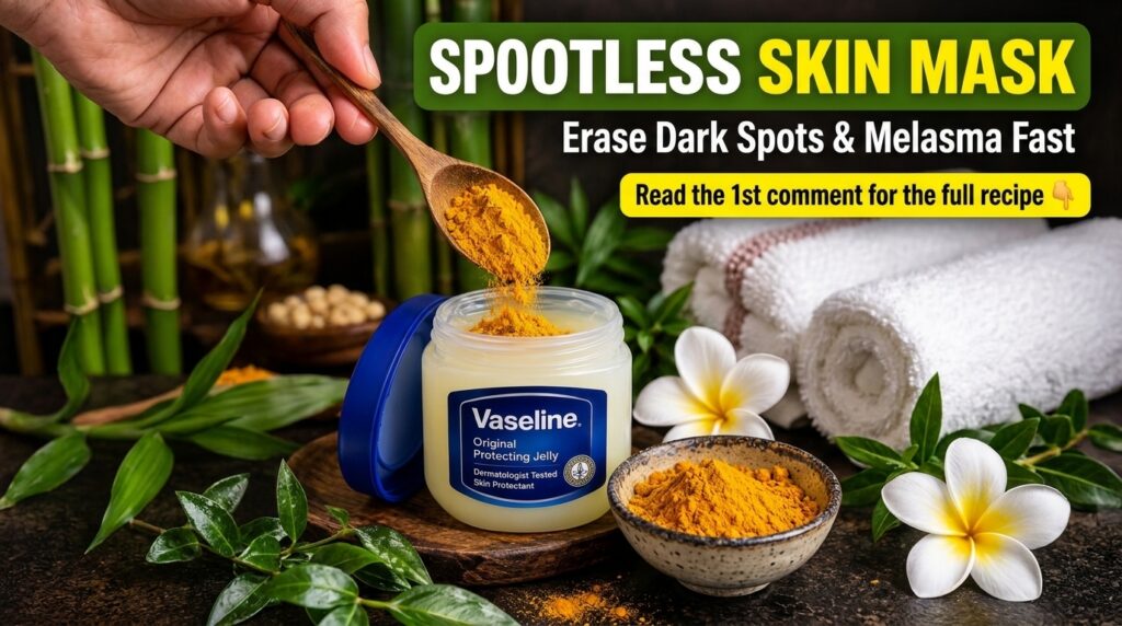 A hand pouring yellow turmeric powder from a wooden spoon into an open jar of Vaseline Original Protecting Jelly on a da