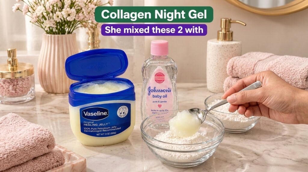 A flat lay composition of skincare ingredients including an open tub of Vaseline Healing Jelly a bottle of Johnson s Bab