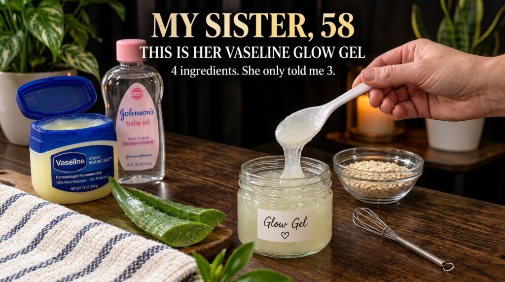 A flat lay of Glow Gel ingredients a tub of Vaseline a bottle of Johnson s baby oil fresh aloe vera leaves a bowl of oat