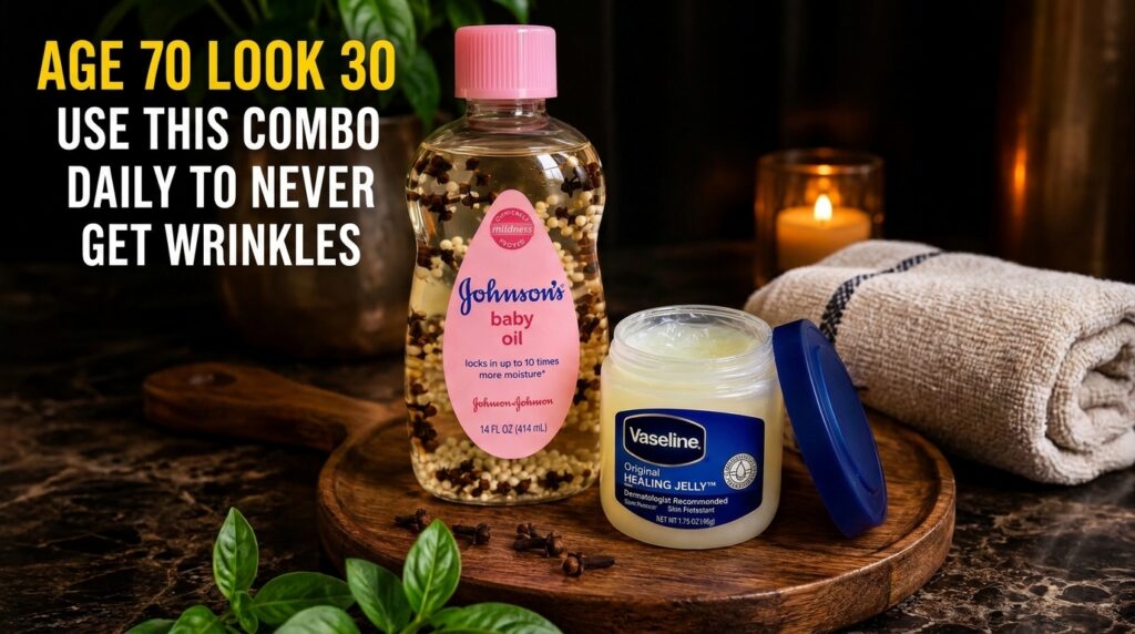 A bottle of Johnson s baby oil with cloves and white beads next to an open jar of Vaseline Original Healing Jelly on a w