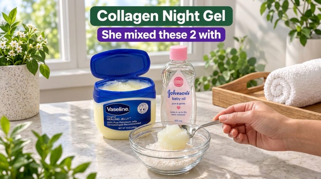 A person s hand mixing Vaseline and Johnson s Baby Oil in a bowl Various DIY beauty ingredients like white powder bowls 