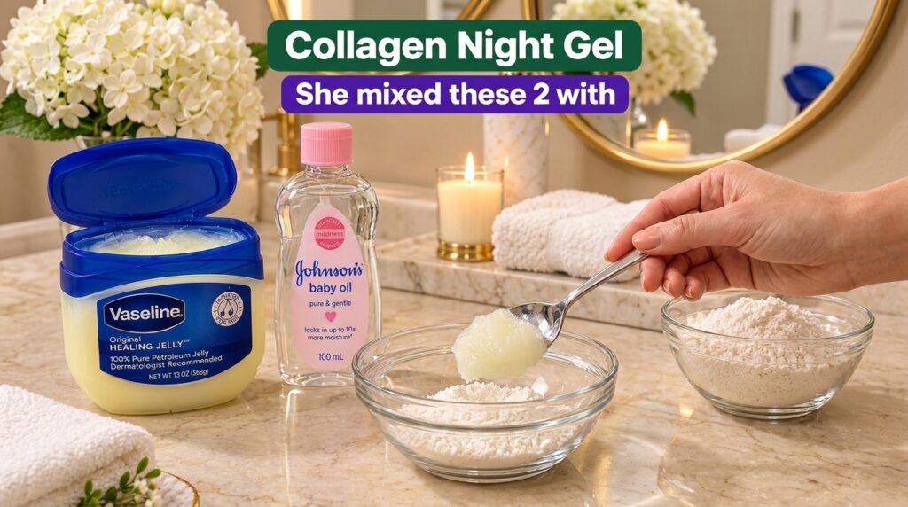 A hand holding a spoon with petroleum jelly over a bowl of white powder with Vaseline and baby oil bottles in the backgr