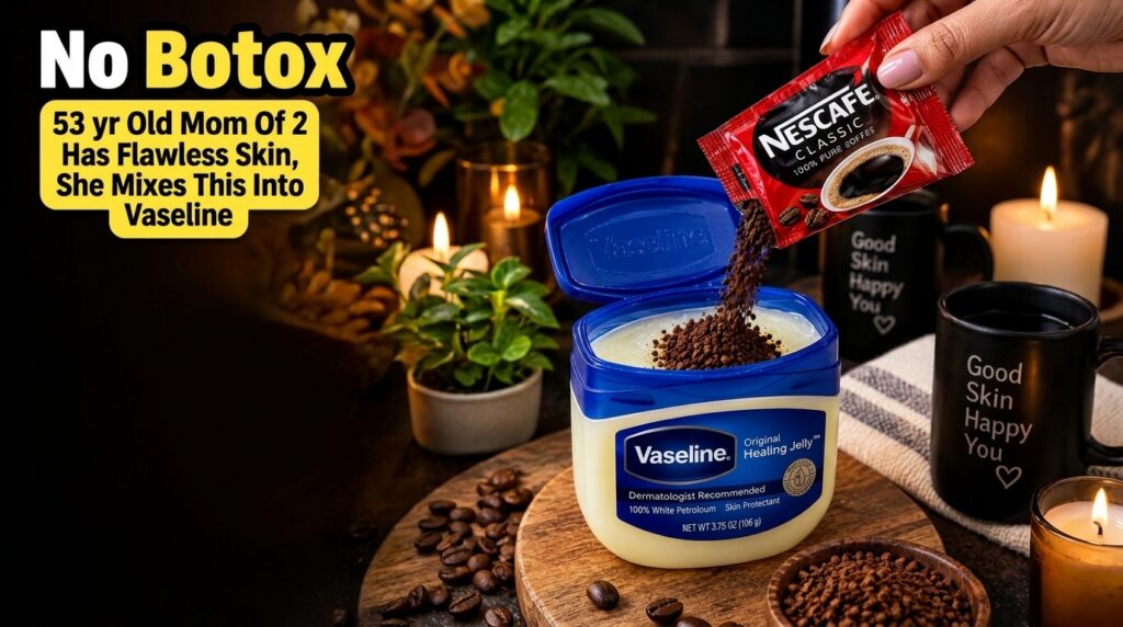 A hand gently pouring instant coffee granules from a Nescafe sachet into an open jar of Vaseline Original Healing Jelly 