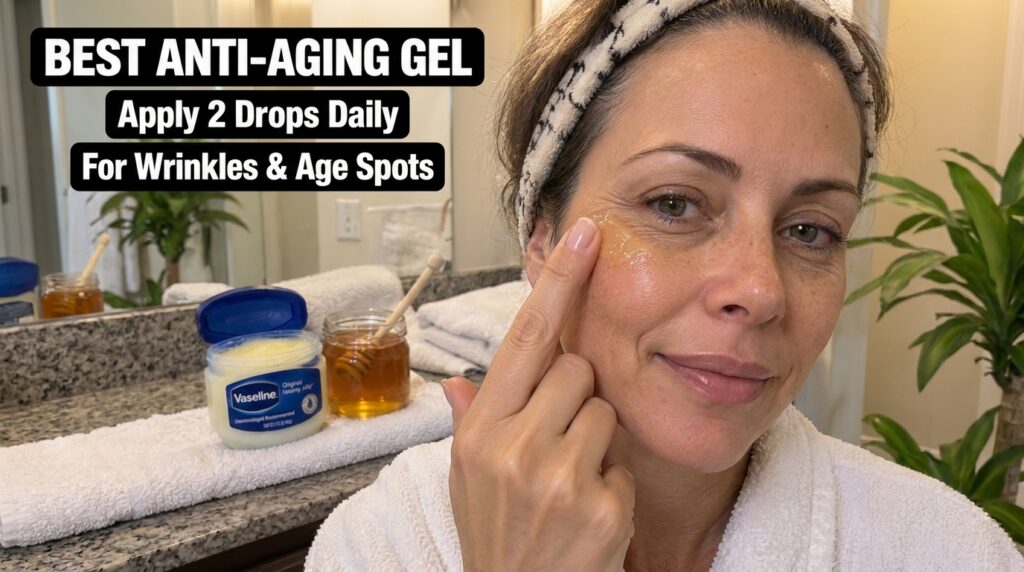 A woman smiling while gently applying a small amount of a gel-like substance to her temple area with her index finger He