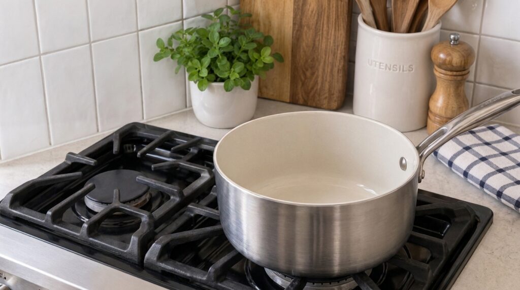 A clean empty ceramic non-stick saucepan centered on a gas stovetop in a bright kitchen In the background a potted green