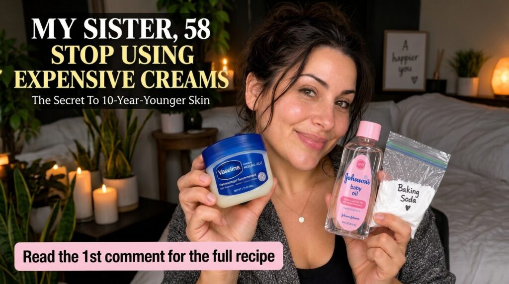 Smiling woman holding up Vaseline Johnson s baby oil and a bag of baking soda She is looking at the camera with a warm e
