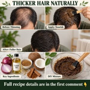 Ingredients for a homemade hair oil blend including a red onion a bottle of castor oil and a small bowl of fenugreek see