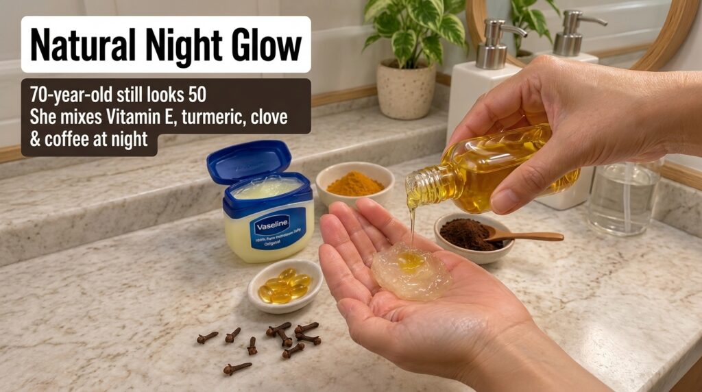 Hands mixing natural skincare ingredients Vaseline turmeric coffee Vitamin E oil and cloves on a light counter