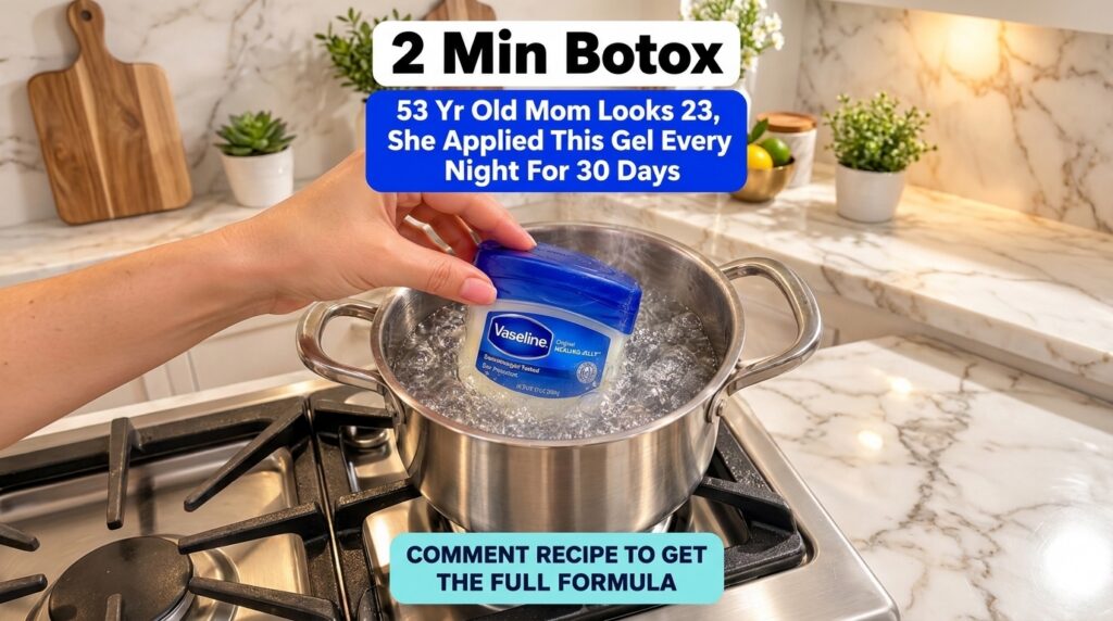 A hand carefully placing a container of Vaseline into a pot of boiling water on a stove with steam rising