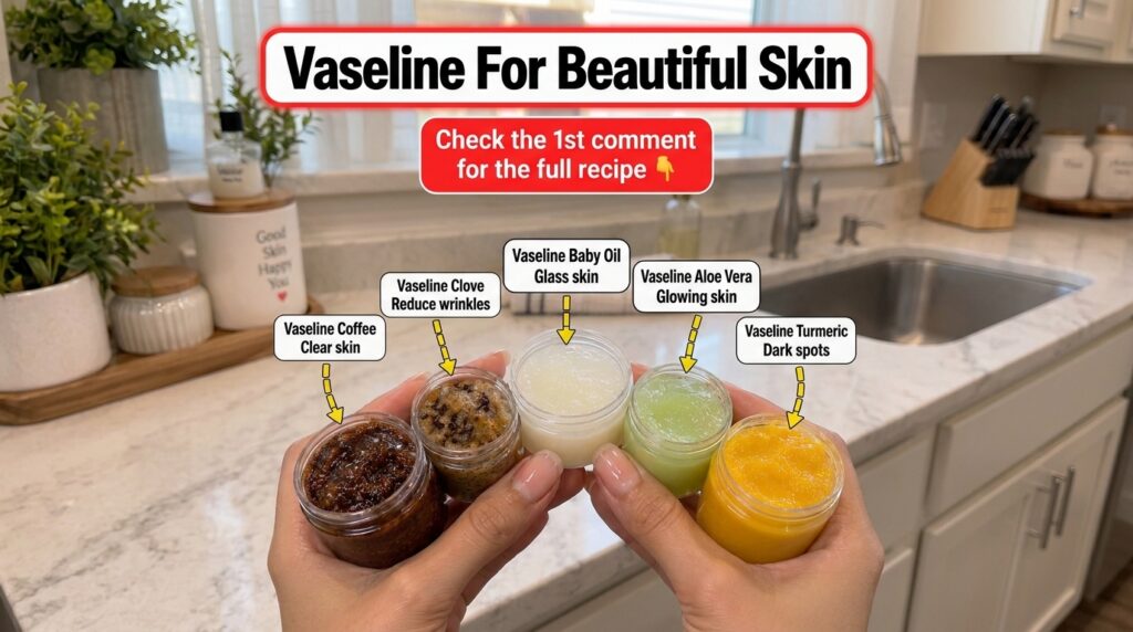 A pair of hands holding five small clear jars each containing a distinct homemade Vaseline-based skincare concoction The