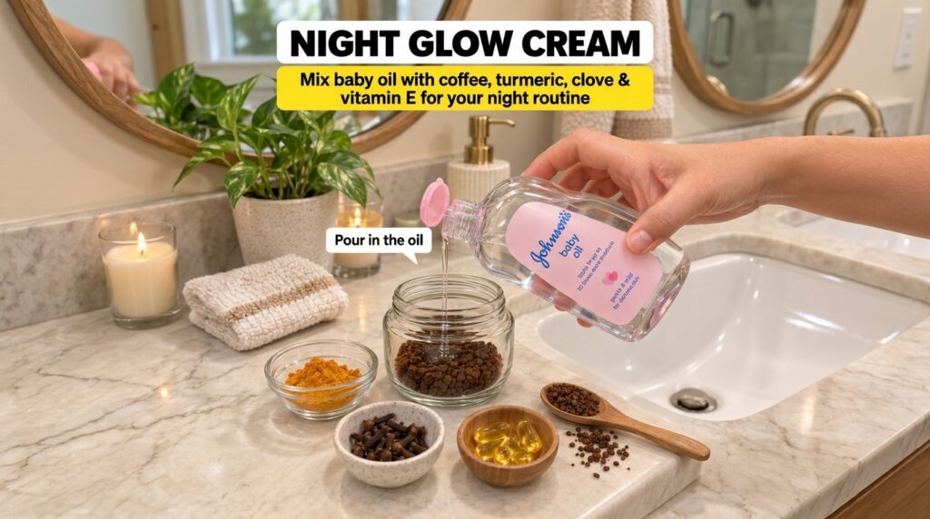 A hand pouring baby oil into a glass jar filled with coffee grounds on a light bathroom counter surrounded by small bowl