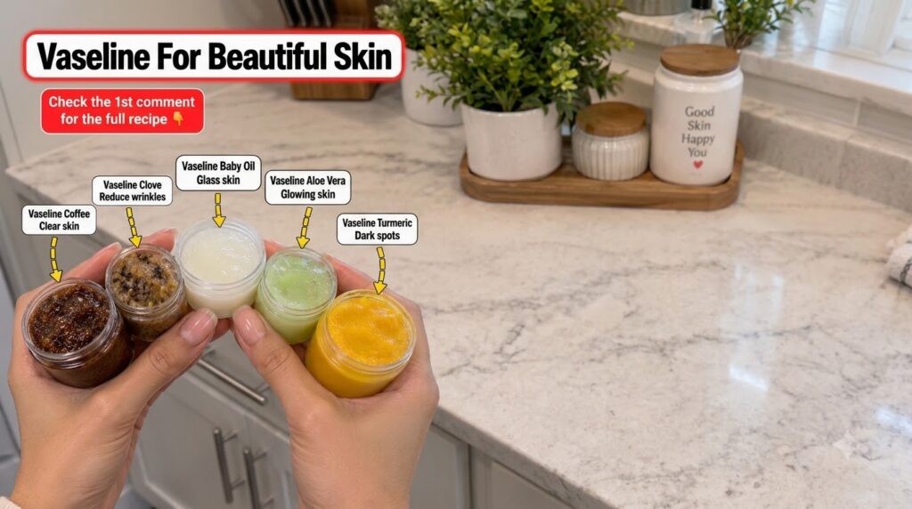 A pair of hands holding five small open jars filled with different homemade Vaseline-based skincare concoctions each wit