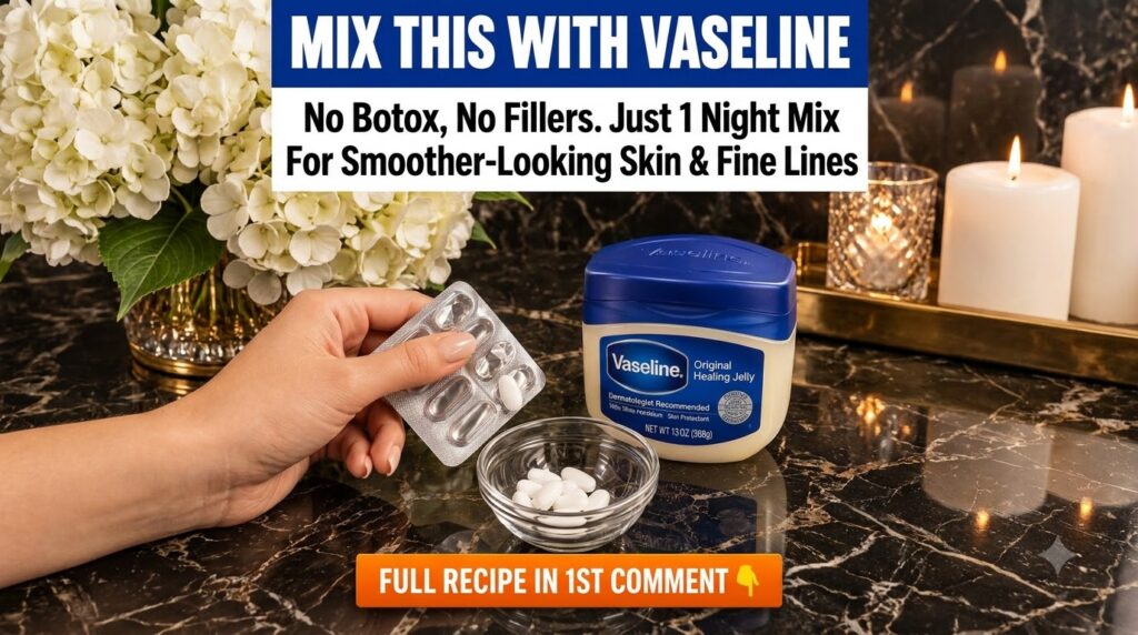 A hand extracting a white pill from a blister pack with a small glass bowl of white pills and a tub of Vaseline Original