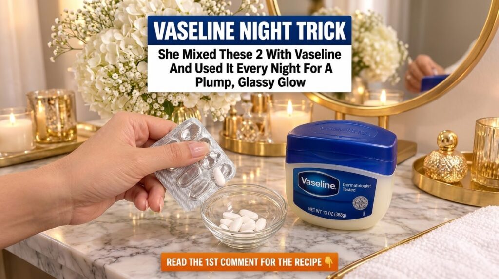 A close-up of a hand holding a white pill from a blister pack with a glass bowl of pills and a large tub of Vaseline on 