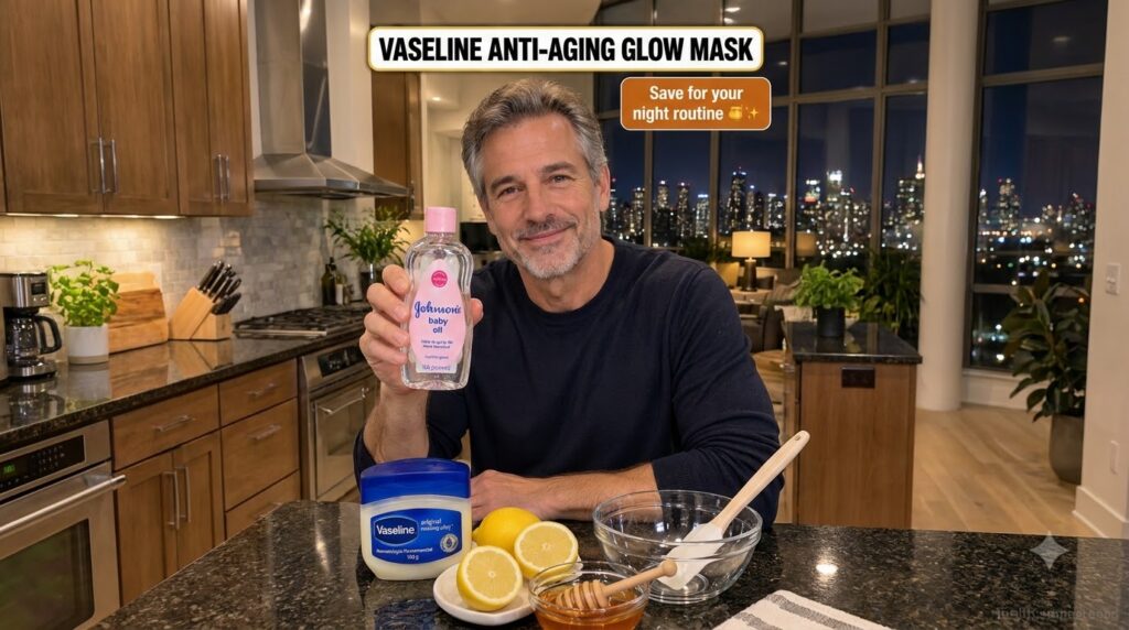 A smiling man holding a bottle of Johnson s baby oil with Vaseline lemons honey and an empty mixing bowl on a counter A 