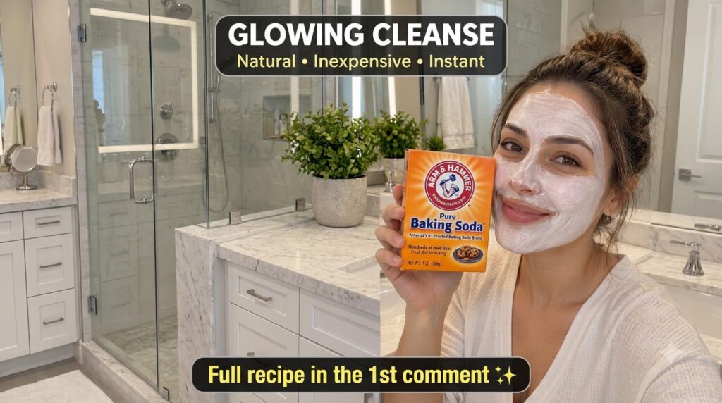Smiling woman with a white facial mask holding a box of baking soda in a bright bathroom